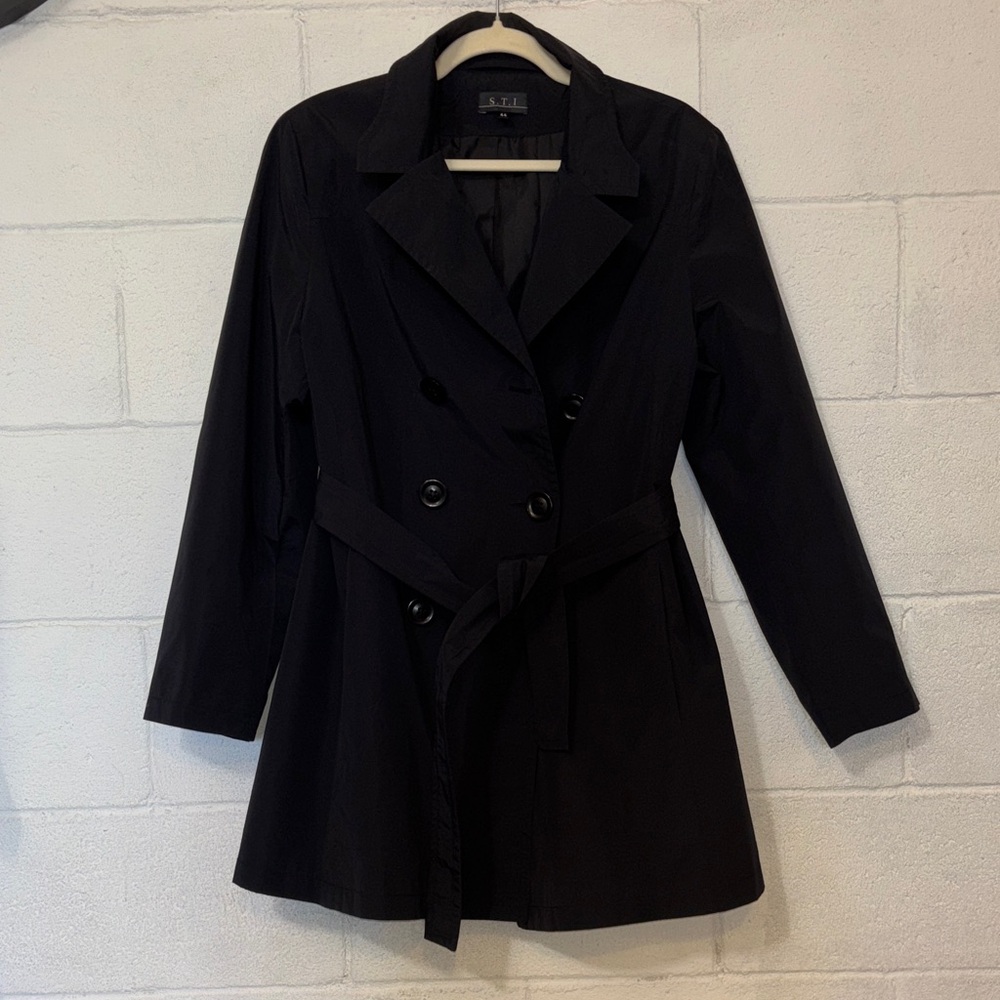 Black Double-Breasted Trench Coat with Waist Tie